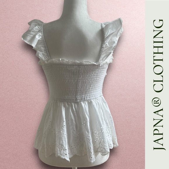 NWOT Japna White Eyelet Smocked Ruffle Strap Top, Size S, MSRP $35 - Picture 3 of 5